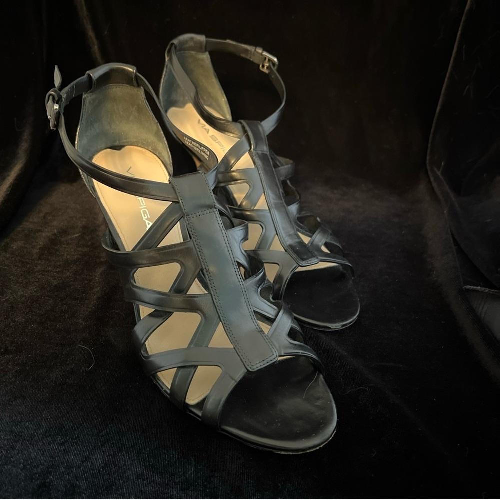 Via Spiga Black Strappy Sandals With Stacked Heel - 8 1/2 N